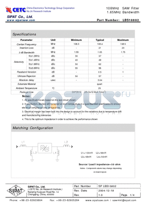LBS10802 datasheet - 108MHz SAW Filter 1.65MHz Bandwidth