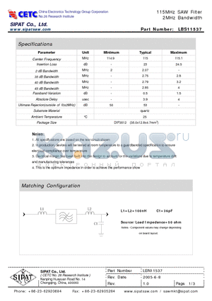LBS11537 datasheet - 115MHz SAW Filter 2MHz Bandwidth