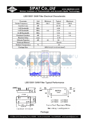 LBS13001 datasheet - SAW Filter Electrical Characteristic