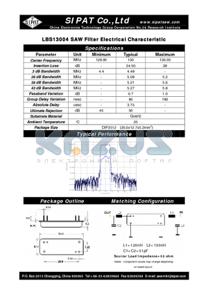 LBS13004 datasheet - SAW Filter Electrical Characteristic