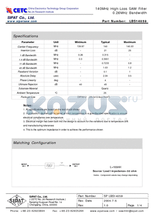 LBS14059 datasheet - 140MHz High-Loss SAW Filter 0.26MHz Bandwidth
