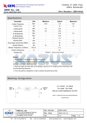 LBS14098 datasheet - 140MHz IF SAW Filter 6MHz Bandwidth