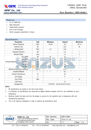 LBS140A61 datasheet - 140MHz SAW Filter 4MHz Bandwidth