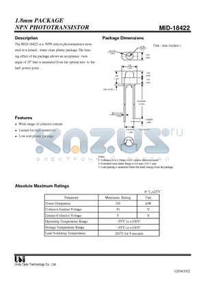 MID-18422 datasheet - 1.8mm PACKAGE NPN PHOTOTRANSISTOR