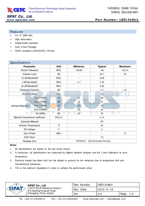 LBS140A62 datasheet - 140MHz SAW Filter 5MHz Bandwidth