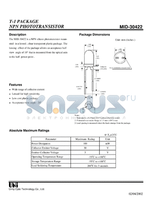 MID-30422 datasheet - T-1 PACKAGE NPN PHOTOTRANSISTOR