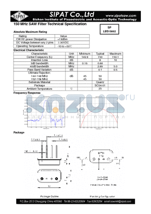 LBS15002 datasheet - SAW Filter Technical Specification