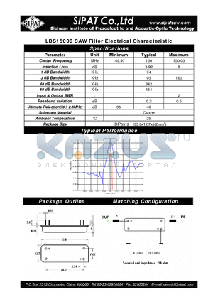 LBS15003 datasheet - SAW Filter Electrical Characteristic