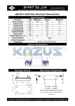 LBS16014 datasheet - SAW Filter Electrical Characteristic