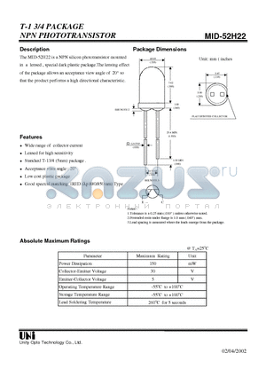 MID-52H22 datasheet - T-1 3/4 PACKAGE NPN PHOTOTRANSISTOR