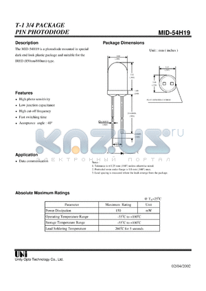 MID-54H19 datasheet - T-1 3/4 PACKAGE PIN PHOTODIODE