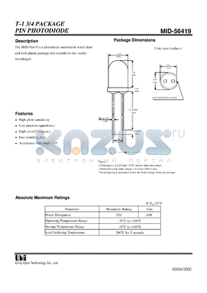 MID-56419 datasheet - T-1 3/4 PACKAGE PIN PHOTODIODE