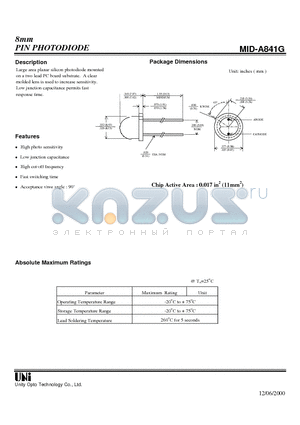 MID-A841 datasheet - PIN PHOTODIODE