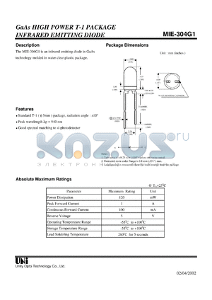 MIE-304G1 datasheet - GaAs HIGH POWER T-1 PACKAGE INFRARED EMITTING DIODE