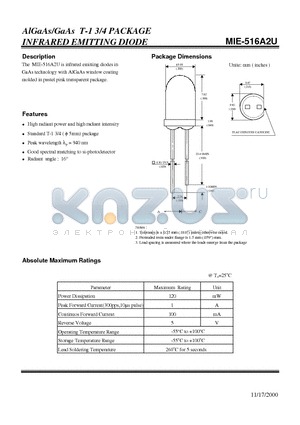 MIE-516A2U datasheet - AlGaAs/GaAs T-1 3/4 PACKAGE INFRARED EMITTING DIODE