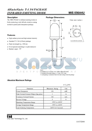 MIE-556A4U datasheet - AlGaAs/GaAs T-1 3/4 PACKAGE INFRARED EMITTING DIODE