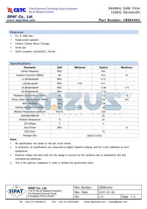 LBS84402 datasheet - 844MHz SAW Filter 10MHz Bandwidth