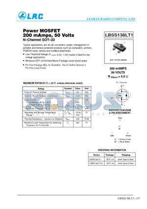 LBSS138LT1 datasheet - Power MOSFET 200 mAmps, 50 Volts N-hannel SOT-3