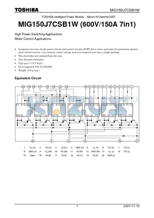 MIG150J7CSB1W datasheet - TOSHIBA Intelligent Power Module Silicon N Channel IGBT