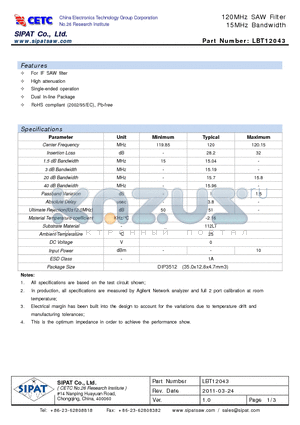 LBT12043 datasheet - 120MHz SAW Filter 15MHz Bandwidth