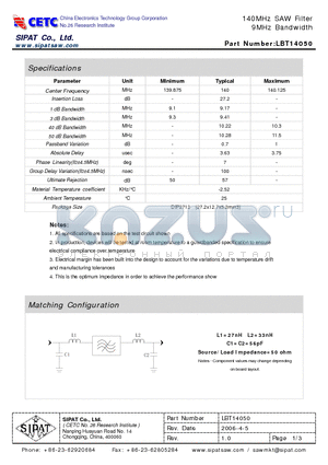 LBT14050 datasheet - 140MHz SAW Filter 9MHz Bandwidth
