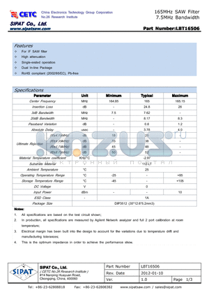 LBT16506 datasheet - 165MHz SAW Filter 7.5MHz Bandwidth