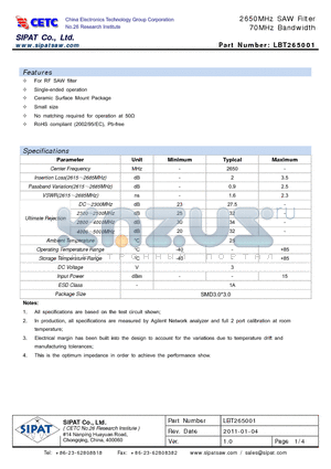 LBT265001 datasheet - 2650MHz SAW Filter 70MHz Bandwidth