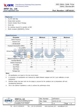 LBT38301 datasheet - 382.5MHz SAW Filter 5MHz Bandwidth