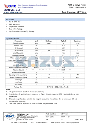 LBT7030 datasheet - 70MHz SAW Filter 5MHz Bandwidth