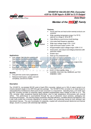 YEV09T10-0G datasheet - 10A DC-DC POL Converter 4.5V to 13.8V Input 0.59V to 5.1V Output