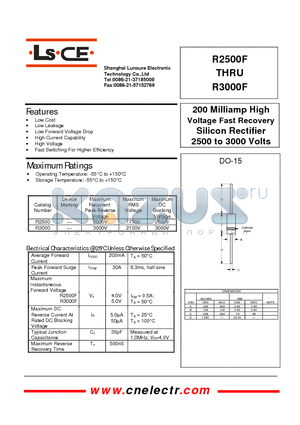 R2500F datasheet - 200Milliamp High voltage fast recovery silicon rectifier 2500to3000 volts