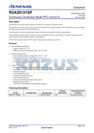 R2A20131SP datasheet - Continuous Conduction Mode PFC Control IC