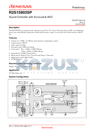 R2S15903SP datasheet - Sound Controller with Surround and AGC