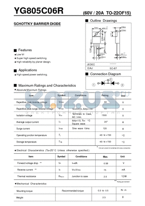 YG805C06R datasheet - SCHOTTKY BARRIER DIODE (60V / 20A TO-22OF15)