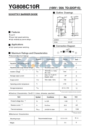 YG808C10R datasheet - SCHOTTKY BARRIER DIODE(100V / 30A TO-22OF15)