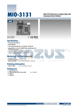 MIO-3131-00A1E datasheet - Mini PCI Interface to Single Giga LAN Communication Module