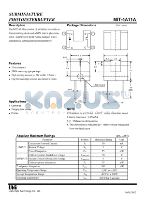 MIT-4A11 datasheet - SUBMINIATURE PHOTOINTERRUPTER