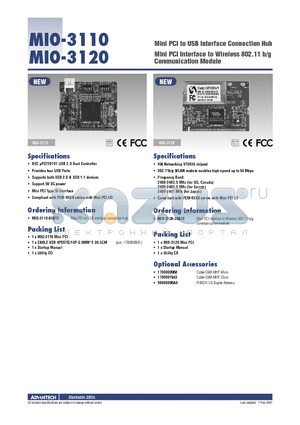 MIO-3110 datasheet - Mini PCI to 4 COM Module Mini PCI Interface to Dual LAN Communication Module