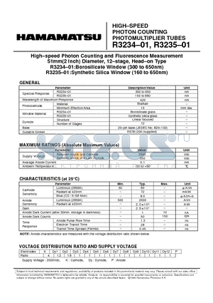 R3235-01 datasheet - HIGH-SPEED PHOTON COUNTING PHOTOMULTIPLIER TUBES