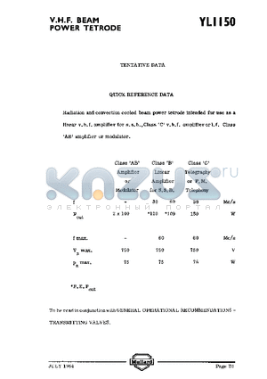 YL1150 datasheet - V.H.F BEAM POWER TETRODE