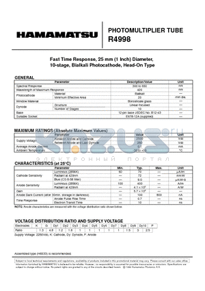 R4998 datasheet - PHOTOMULTIPLIER TUBE