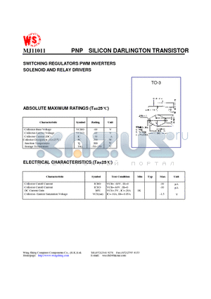 MJ11011 datasheet - PNP SILICON DARLINGTON TRANSISTOR(SWITCHING REGULATORS PWM INVERTERS SOLENOID AND RELAY DRIVERS)