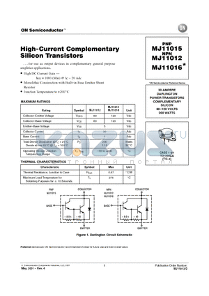 MJ11016 datasheet - High-Current Complementary Silicon Transistors