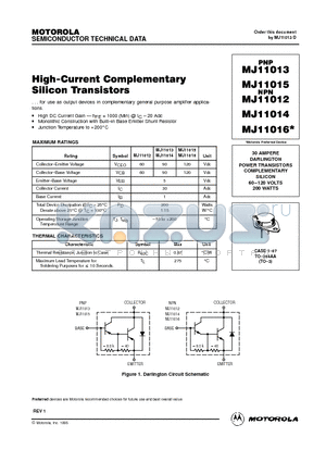 MJ11013 datasheet - 30 AMPERE DARLINGTON POWER TRANSISTORS COMPLEMENTARY SILICON 60.120 VOLTS 200 WATTS