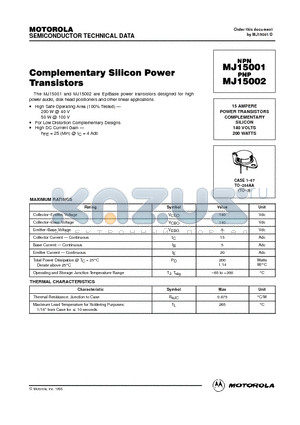 MJ15001 datasheet - 15 AMPERE POWER TRANSISTORS COMPLEMENTARY SILICON 140 VOLTS 200 WATTS