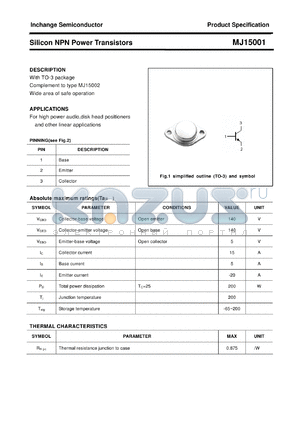 MJ15001 datasheet - Silicon NPN Power Transistors