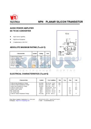 MJ15024 datasheet - NPN PLANAR SILICON TRANSISTOR(for AUDIO POWER AMPLIFIER, DC TO DC CONVERTER)