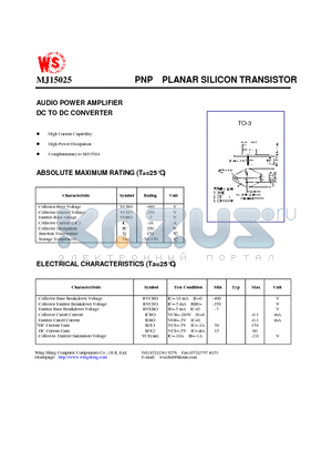 MJ15025 datasheet - PNP PLANAR SILICON TRANSISTOR(AUDIO POWER AMPLIFIER DC TO DC CONVERTER)