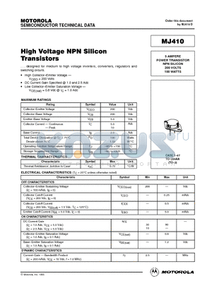 MJ410 datasheet - 5 AMPERE POWER TRANSISTOR NPN SILICON