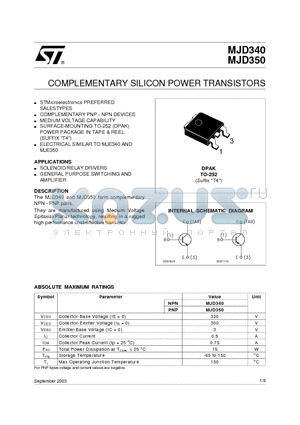 MJD350 datasheet - COMPLEMENTARY SILICON POWER TRANSISTORS